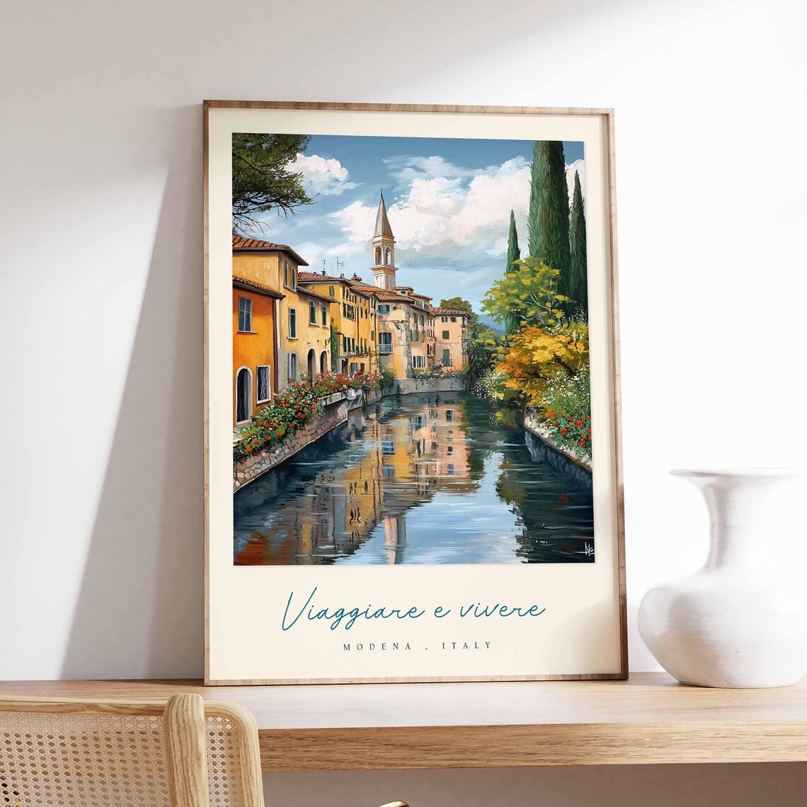 Modena Canal Reflections Church Spire Painterly Italy Travel Poster