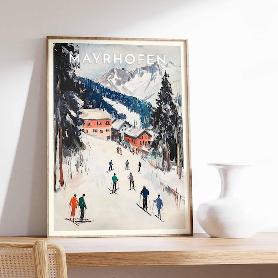 Mayrhofen Red Chalets Dark Firs Ski Run Village Scene Poster