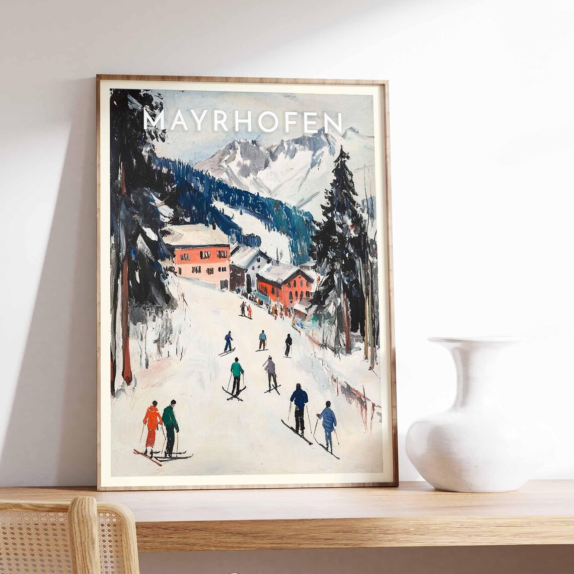 Mayrhofen Red Chalets Dark Firs Ski Run Village Scene Poster