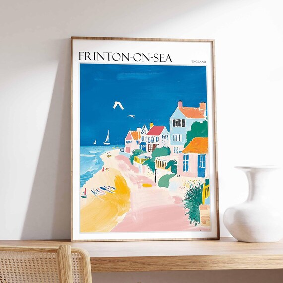 Frinton On Sea Minimalist Pink Beach Sailboats White Seagull Travel Poster