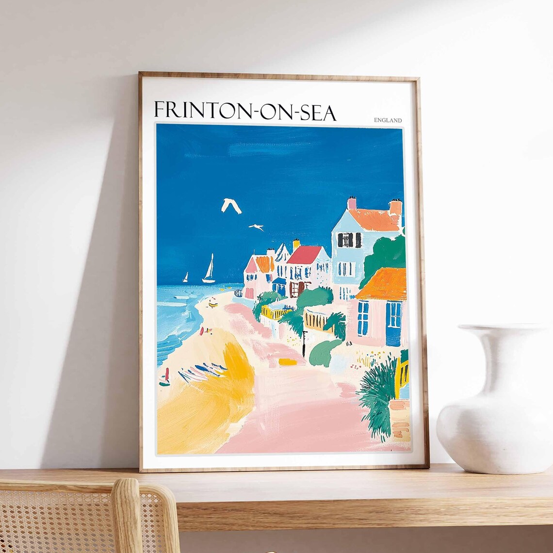 Frinton On Sea Minimalist Pink Beach Sailboats White Seagull Travel Poster