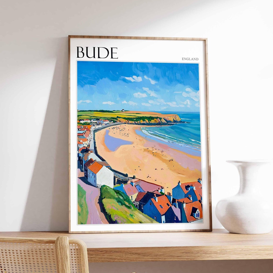 Bude Cornwall Golden Beach Panoramic Painted Seaside Travel Poster