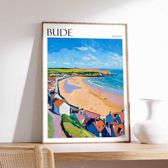 Bude Cornwall Golden Beach Panoramic Painted Seaside Travel Poster