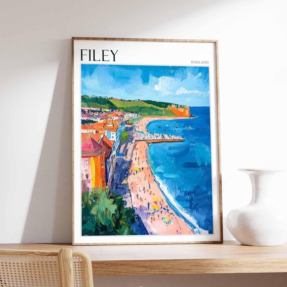 Filey Sandy Beach Pier Cliffside Town Yorkshire Coastal Travel Poster
