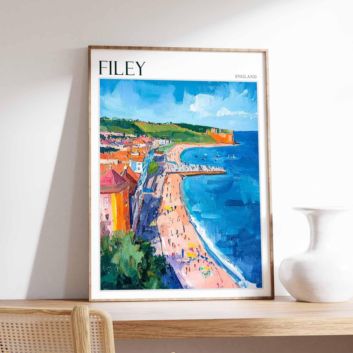 Filey Sandy Beach Pier Cliffside Town Yorkshire Coastal Travel Poster