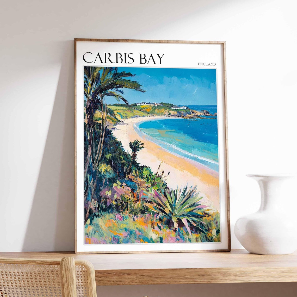 Carbis Bay England Golden Sandy Cove Cliff Beach Scenic Travel Poster