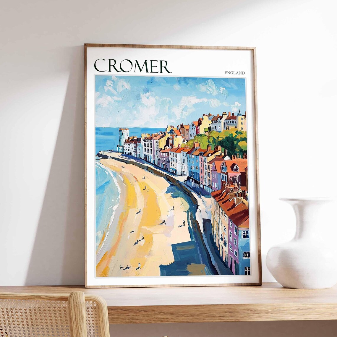 Cromer England Curved Sandy Beach Colorful Buildings Travel Poster