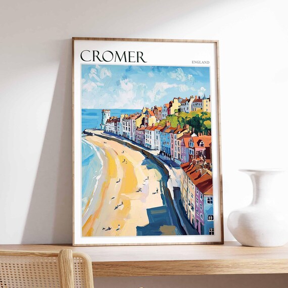 Cromer England Curved Sandy Beach Colorful Buildings Travel Poster