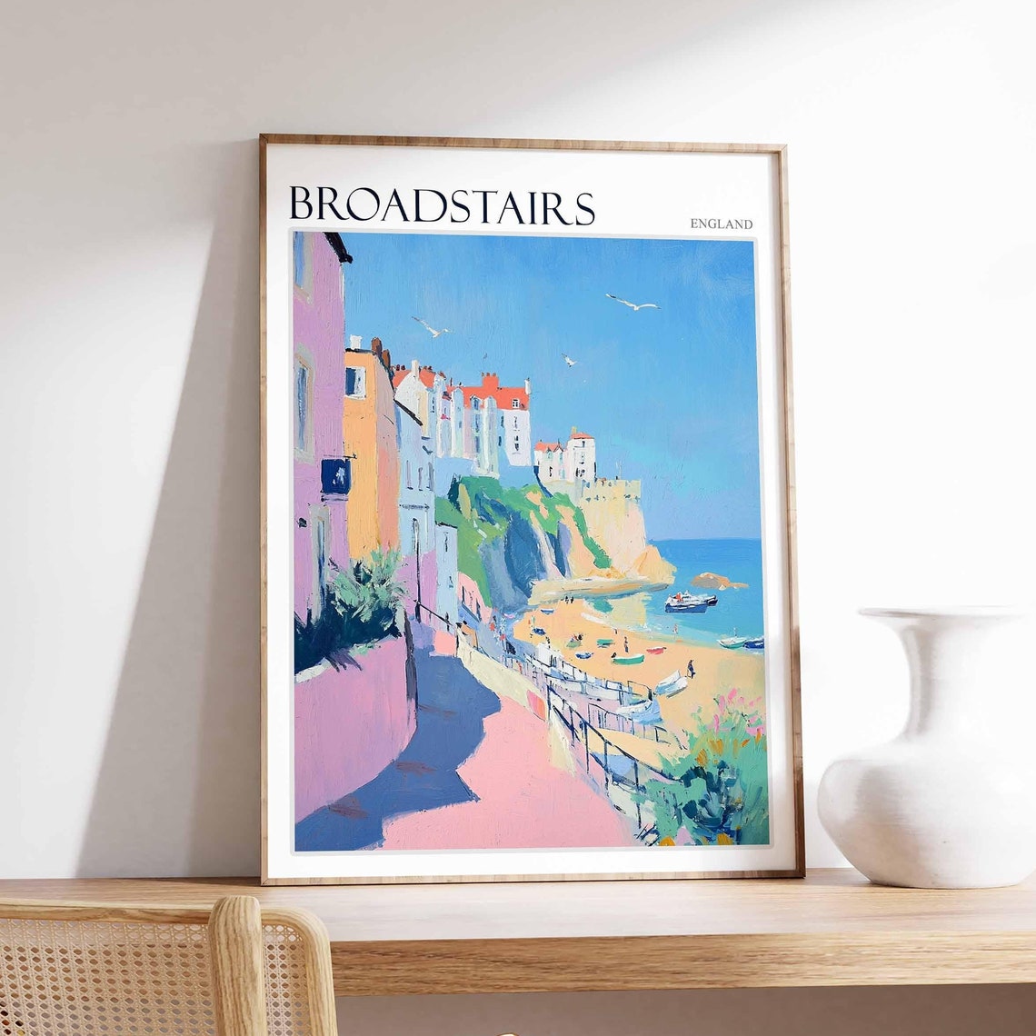 Broadstairs England Colorful Seaside Town Beach Scene Painting Poster