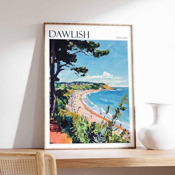 Dawlish England Sandy Beach Red Cliffs Pine Tree Travel Poster