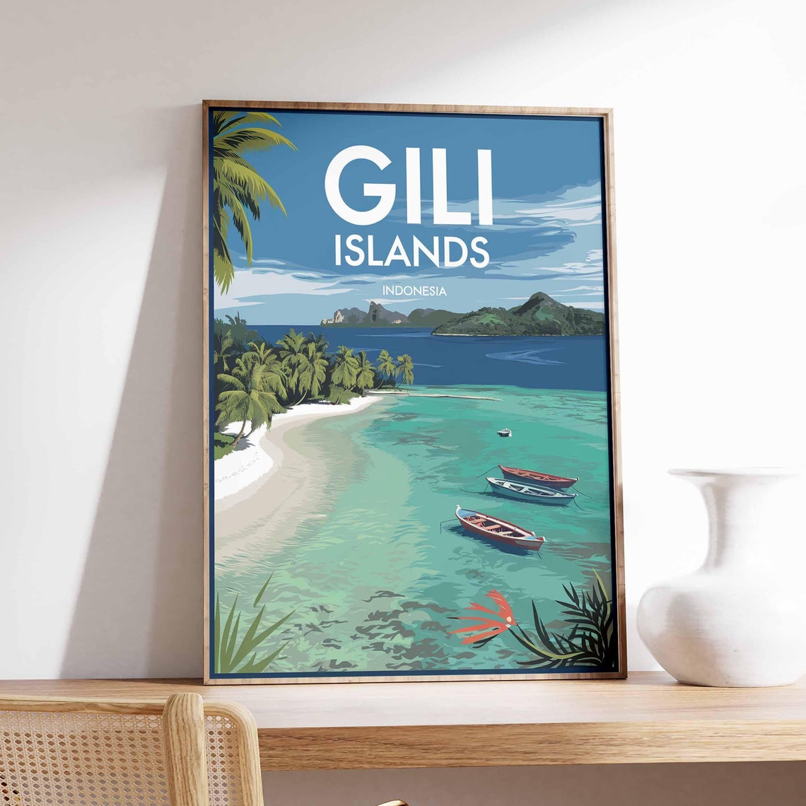 Gili Islands Indonesia Tropical Beach Boats Retro Travel Poster