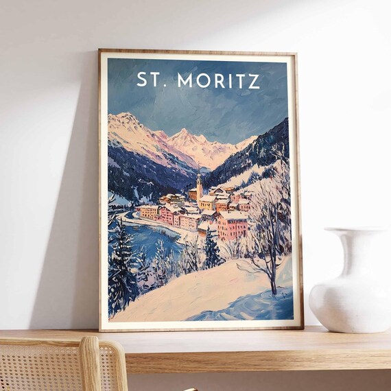 St. Moritz Switzerland Watercolor Lakeside Town Alpine Poster