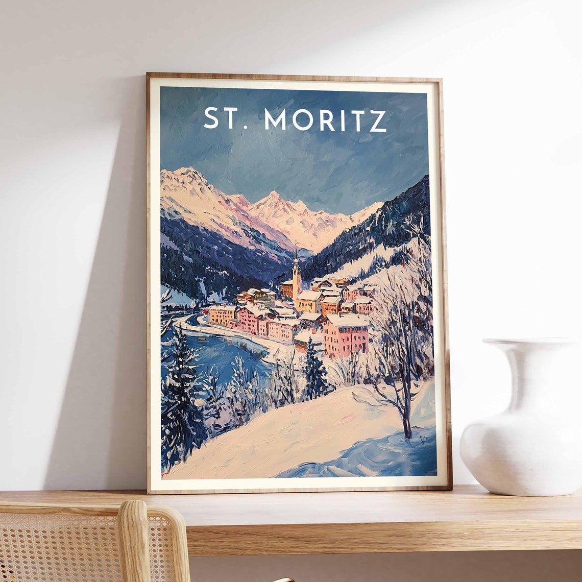 St. Moritz Switzerland Watercolor Lakeside Town Alpine Poster