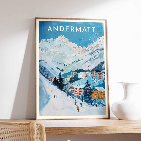 Andermatt Switzerland Skiers Descending Slope Colorful Valley Poster