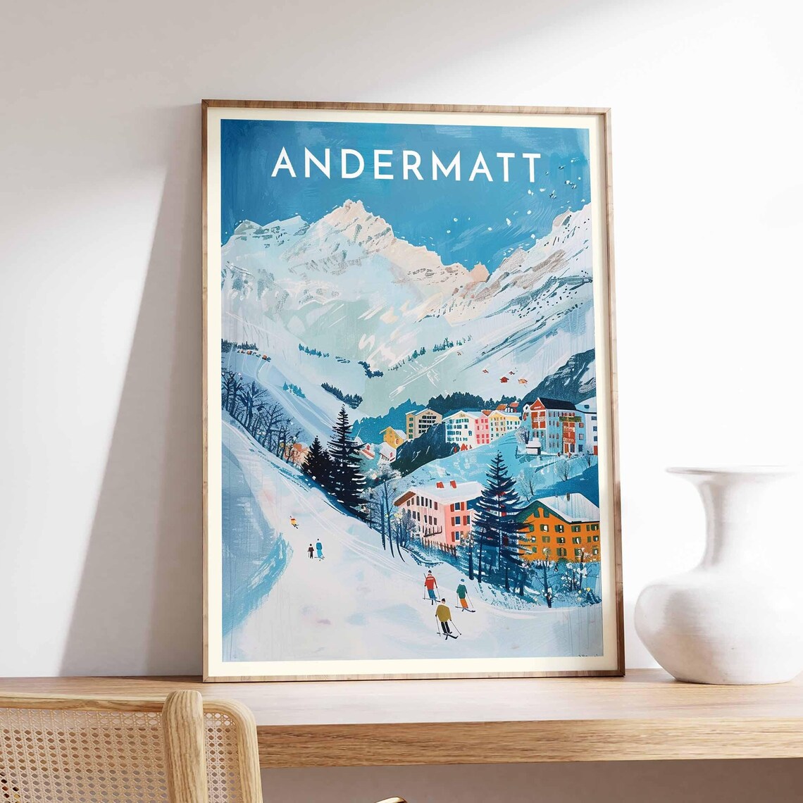 Andermatt Switzerland Skiers Descending Slope Colorful Valley Poster