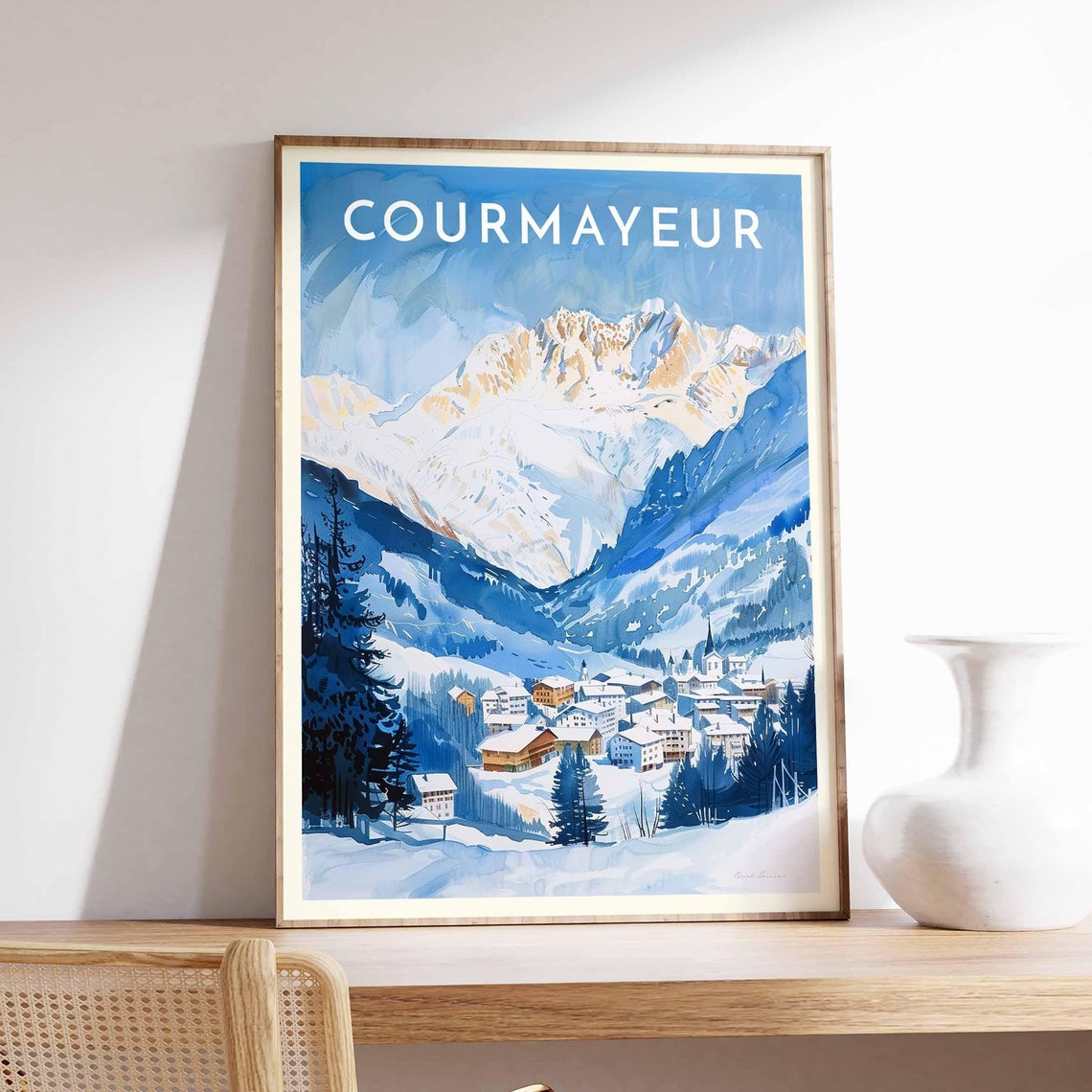 Courmayeur Italy Glowing Snowy Massif Poster with Pine Trees