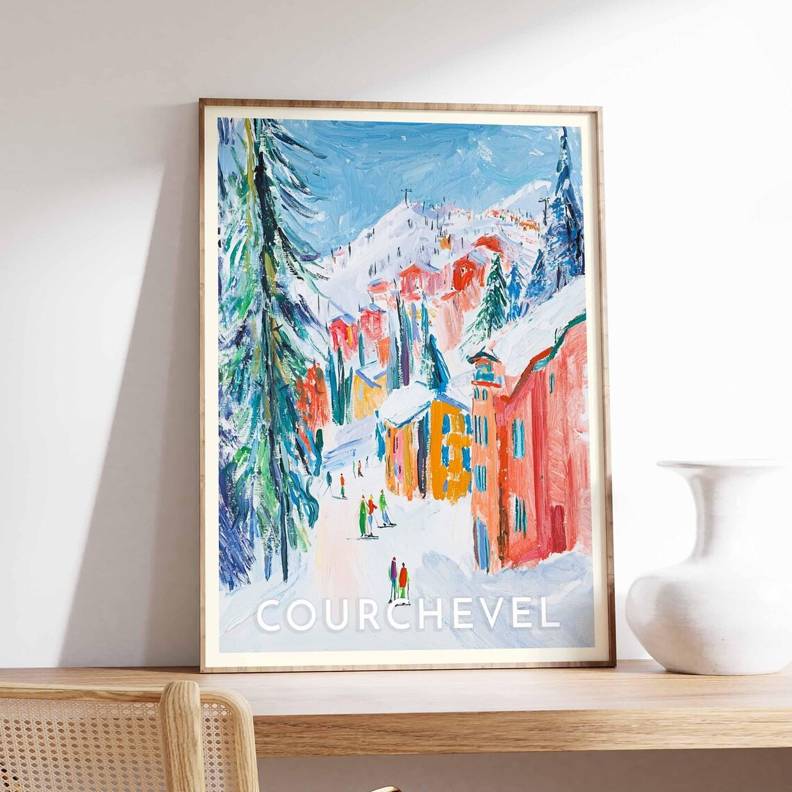 Courchevel France Colorful Painted Ski Street Poster with Pine Trees - Image 2
