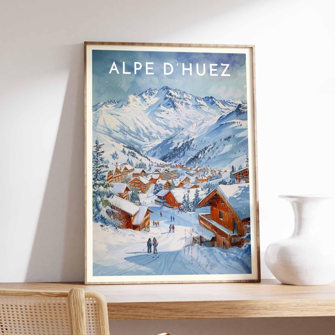 Alpe d'Huez French Alps Charming Village Street Skiers Scene Poster