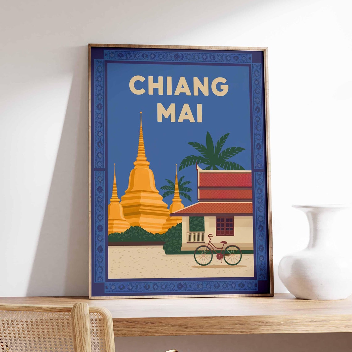 Chiang Mai Golden Temple Stupa And Bicycle Retro Travel Wall Art