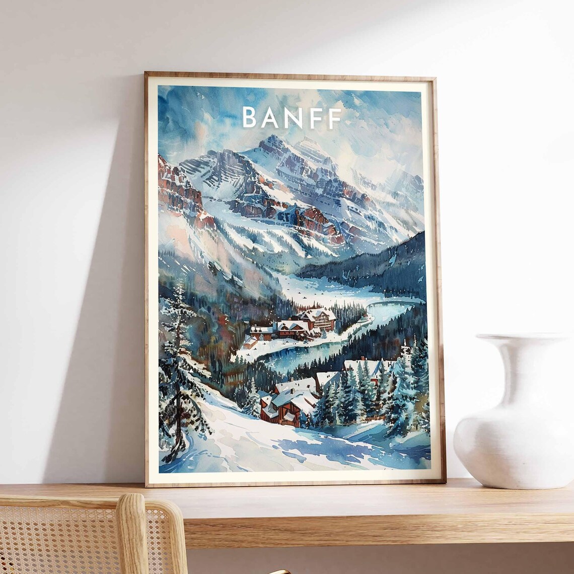 Banff Canada Watercolor Mountain Lodge Valley Scenic Art Poster