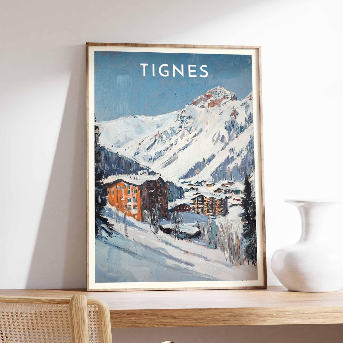 Tignes France Alpine Chalets Snowy Peak Bright Blue Sky Poster