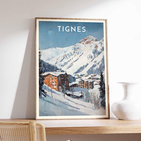 Tignes France Alpine Chalets Snowy Peak Bright Blue Sky Poster