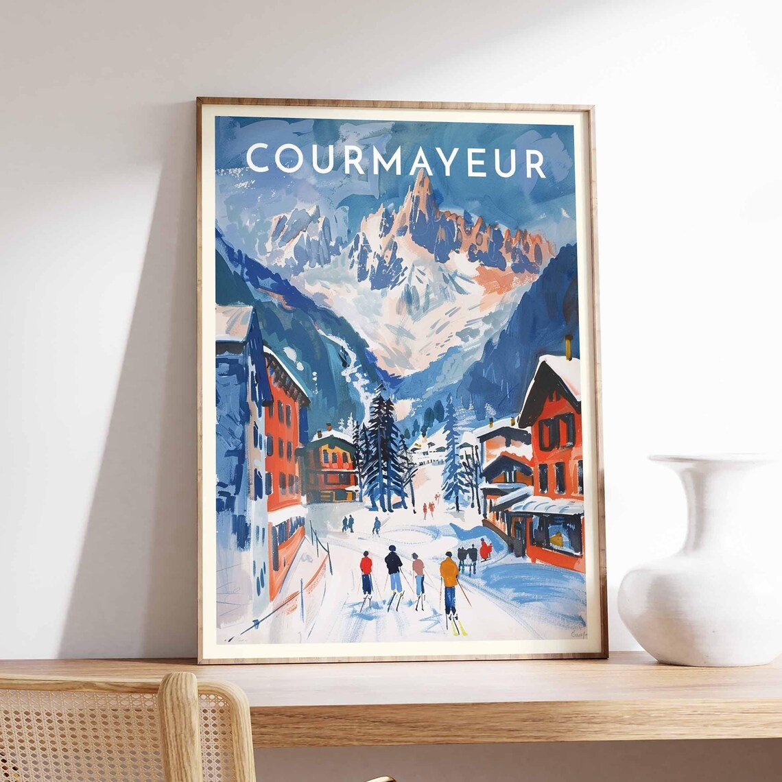 Courmayeur Italy Vibrant Alpine Street Poster with Skiers Scene