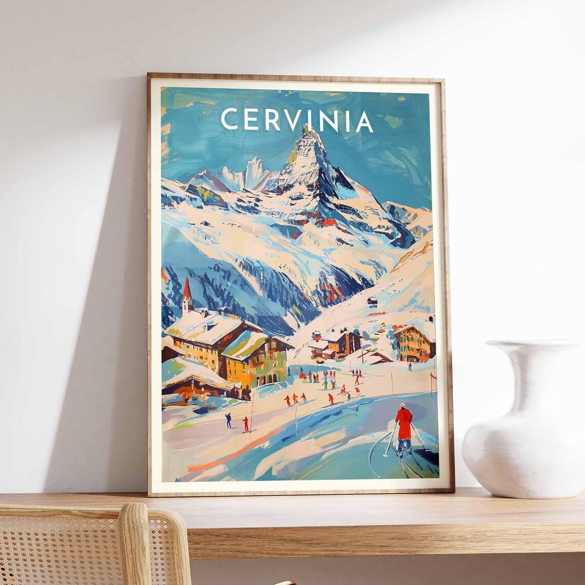 Cervinia Italy Matterhorn Peak Alpine Village Skiers Ski Poster