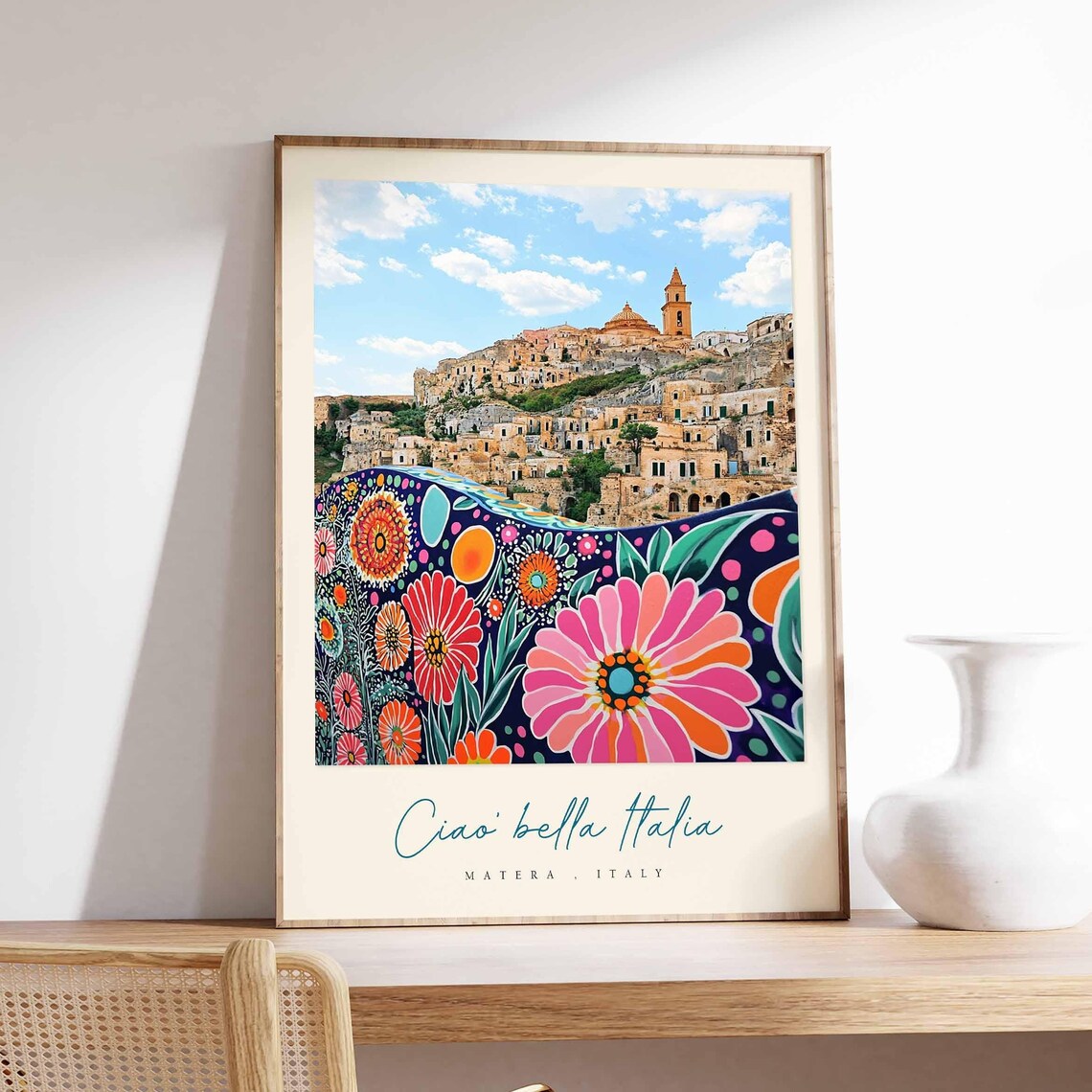 Matera Sassi Folk Floral Border Artwork Italy Travel City Poster