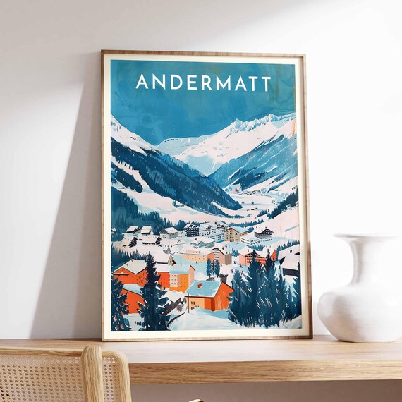 Andermatt Swiss Alps Night Village Oil Painting Travel Poster