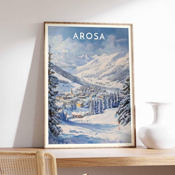 Arosa Swiss Alps Panoramic Town Valley Church Tower Ski Poster