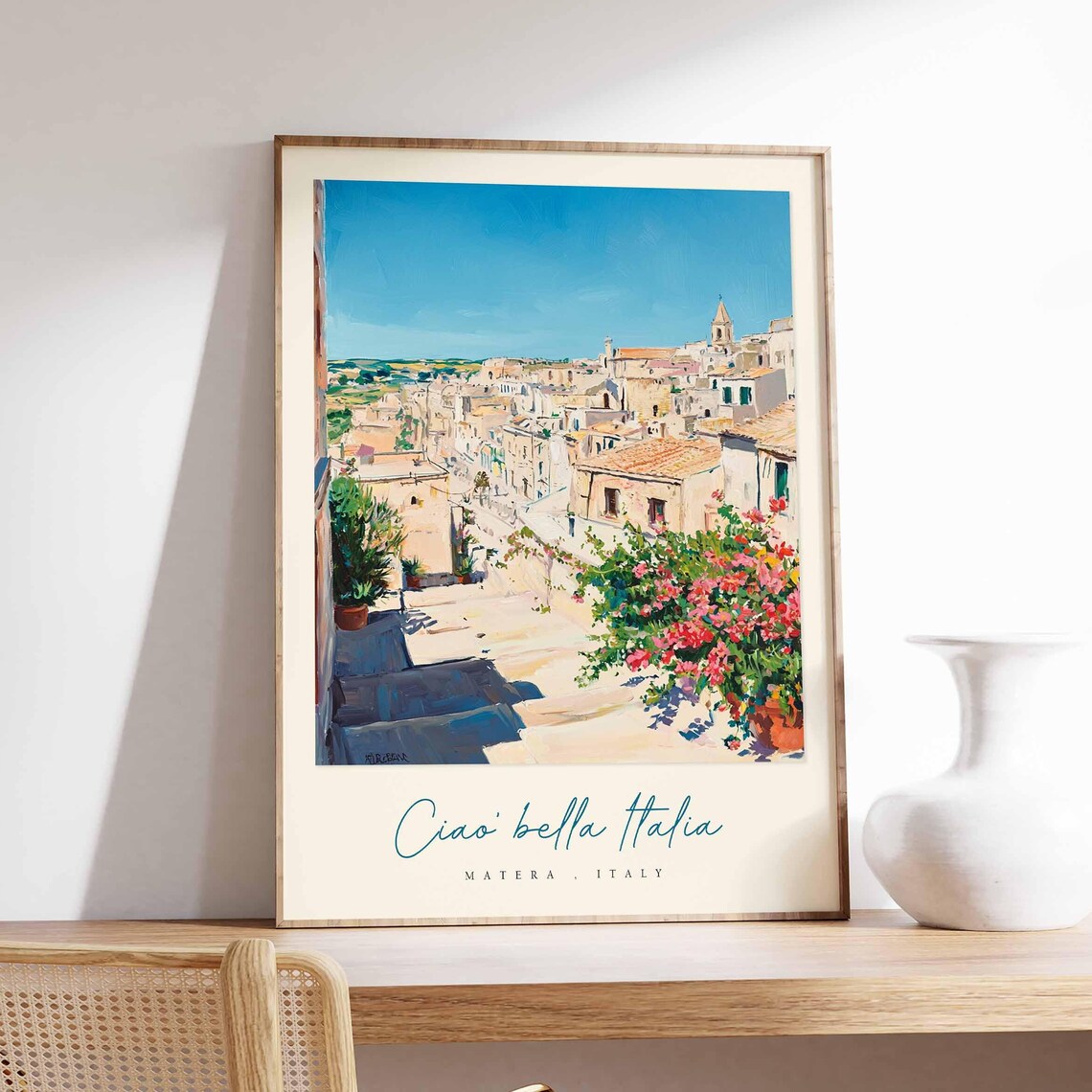 Matera Italy Sunlit Alley Bougainvillea Watercolor Travel Poster