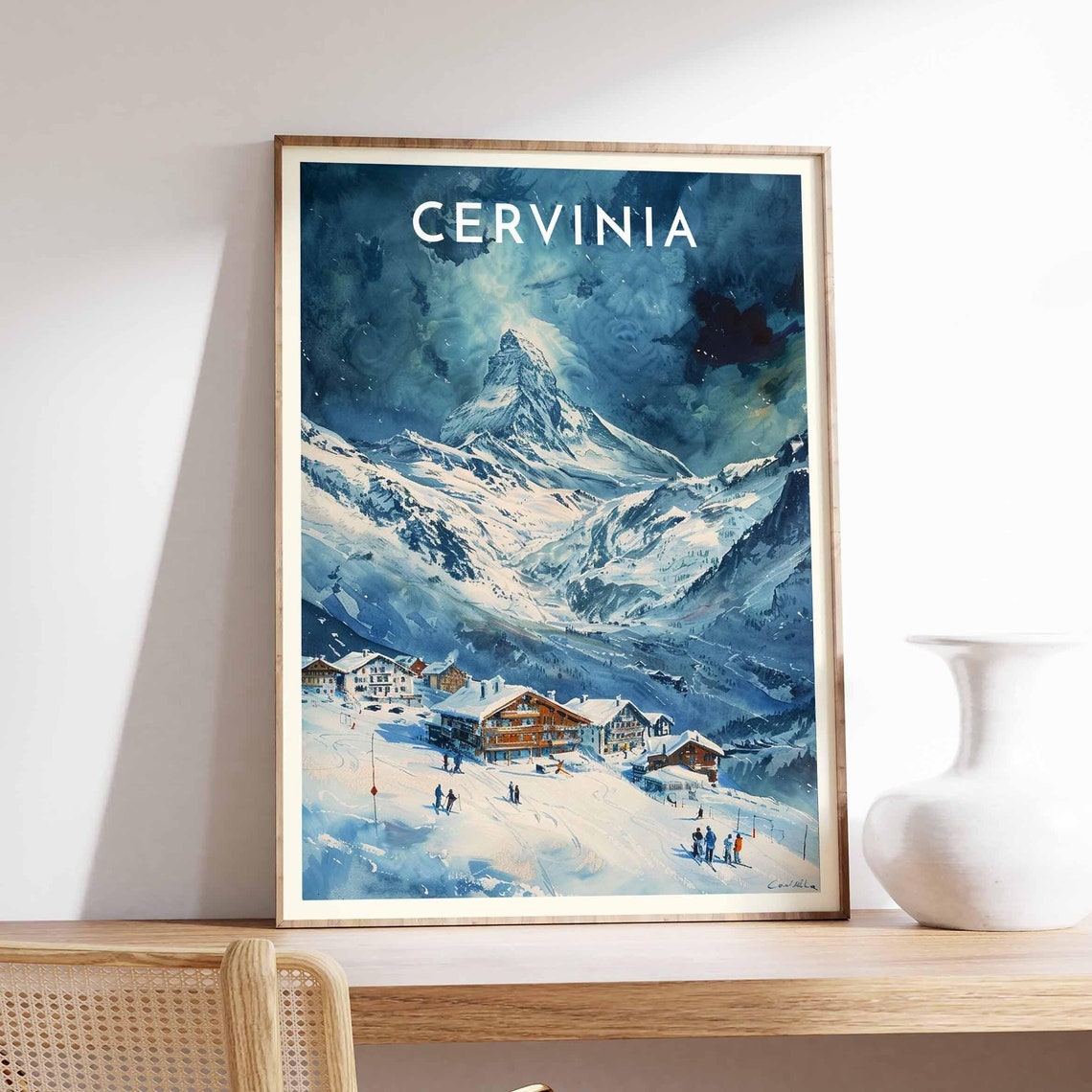 Cervinia Dramatic Cloudy Peak Snow Chalets Alpine Skiers Poster