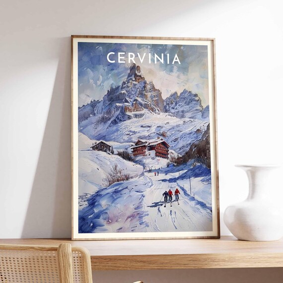 Cervinia Italy Watercolor Ski Poster with Majestic Alpine Peak