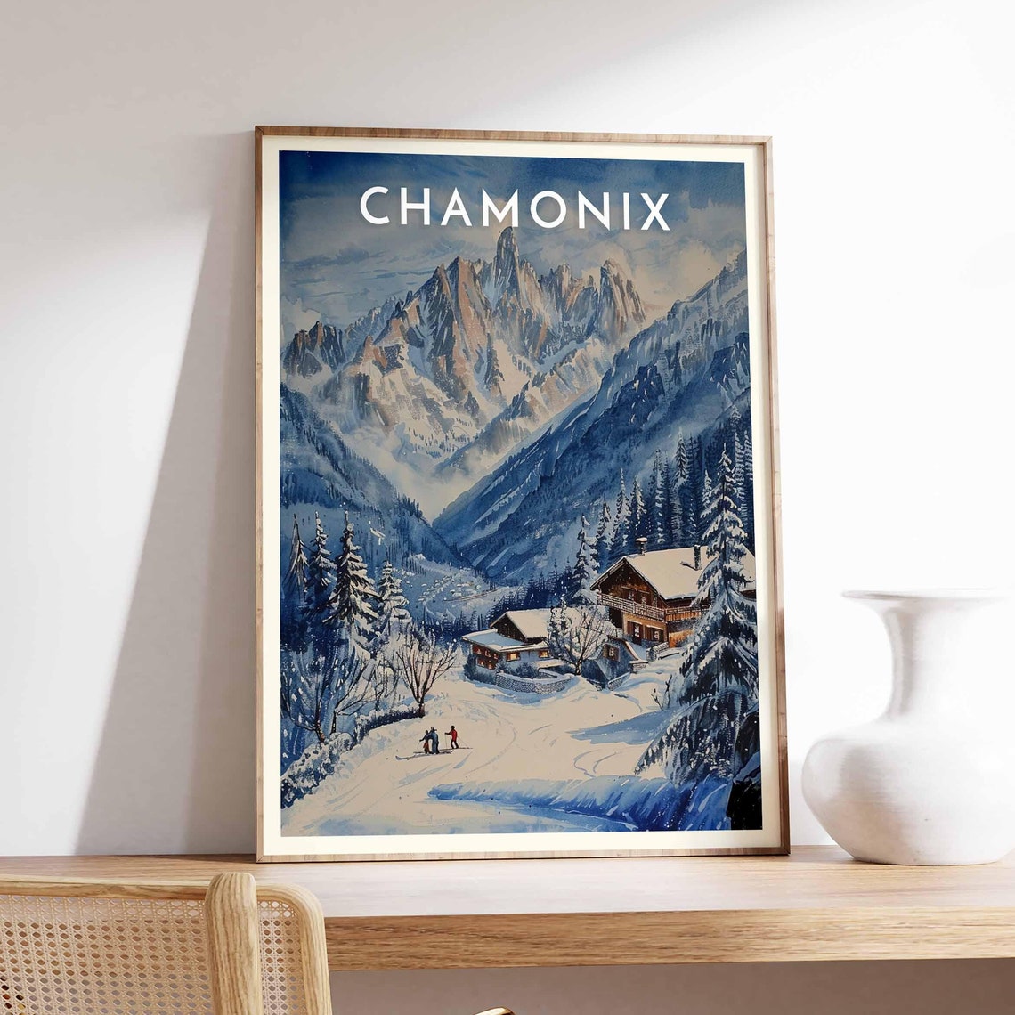 Chamonix Dramatic Granite Rock Peaks Chalet Valley Skiers Poster - Image 2