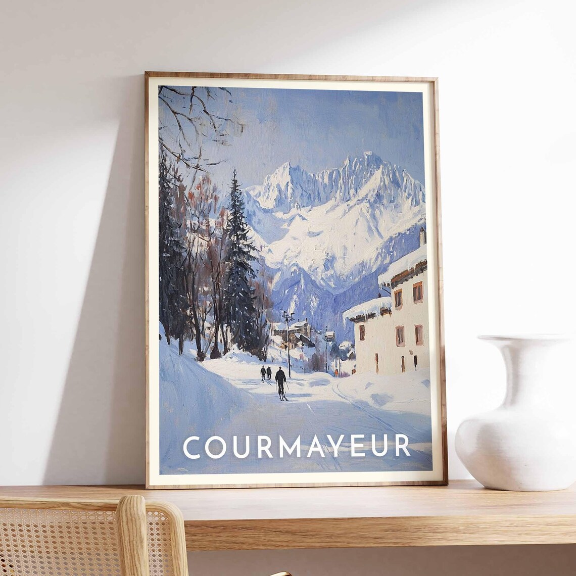 Courmayeur Italy Winter Street Poster with Skiers and Jagged Peaks
