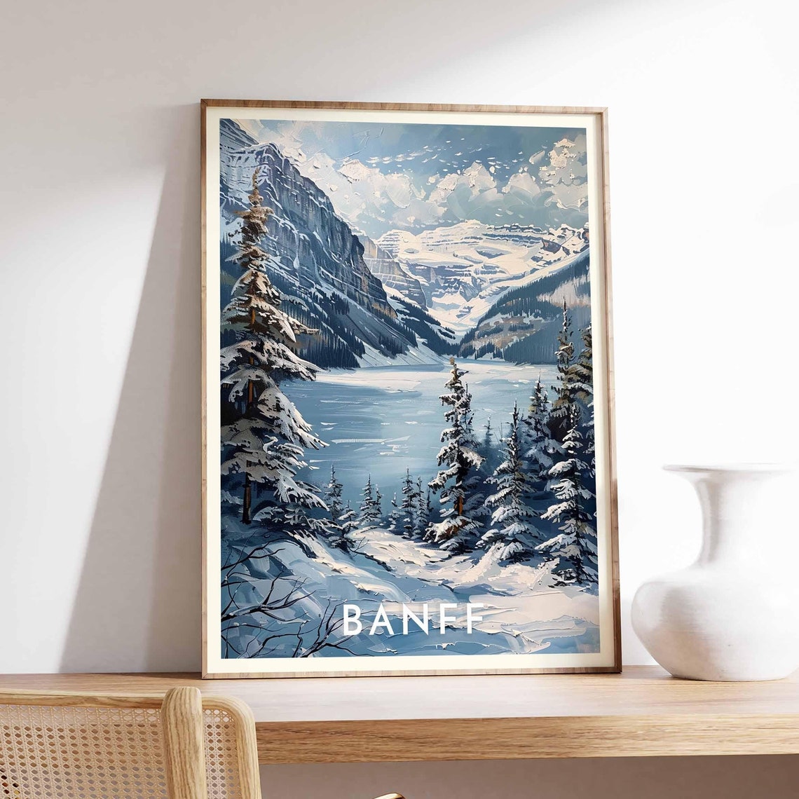 Banff Canada Snowy Mountain Lake Tall Pines Winter Scene Poster