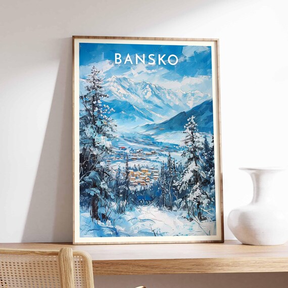 Bansko Evening Village Lights Deep Blue Impressionist Ski Poster