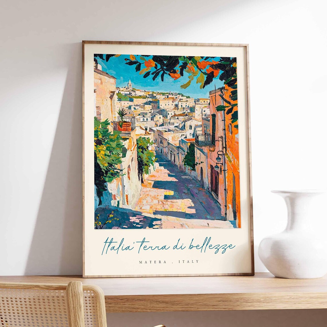 Matera Italy Expressionist Old Street Orange Foliage Art Poster