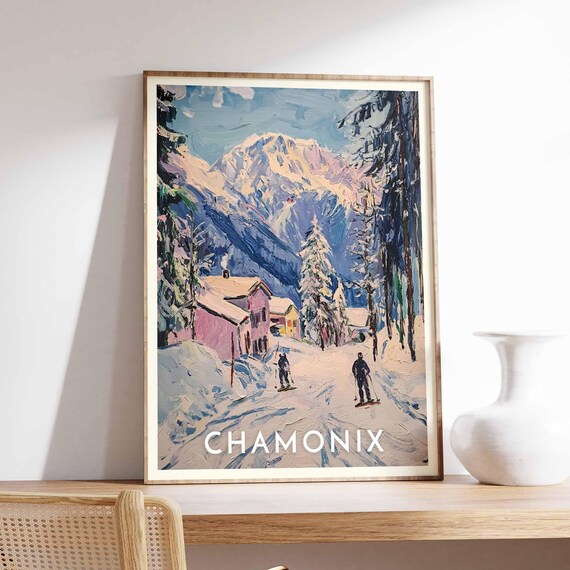 Chamonix Pastel Skiers Chalets Snowy Pines Mountain Peak Poster
