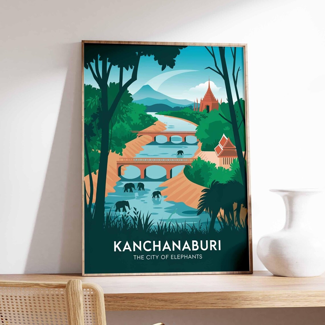 Kanchanaburi Thailand Elephants River Temples Bridge Scene Poster