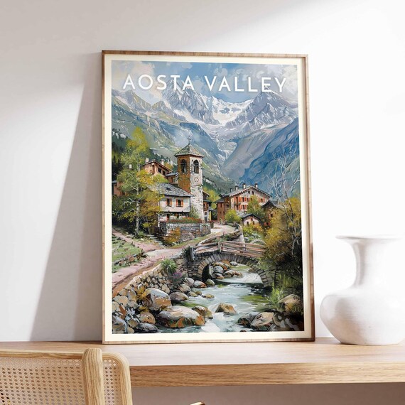 Aosta Valley Italy Stone Bridge Over Stream Bell Tower Poster