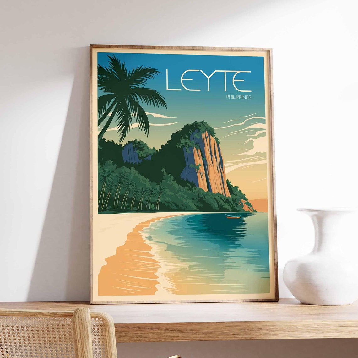 Leyte Philippines Tropical Beach Cliff Palm Retro Travel Poster