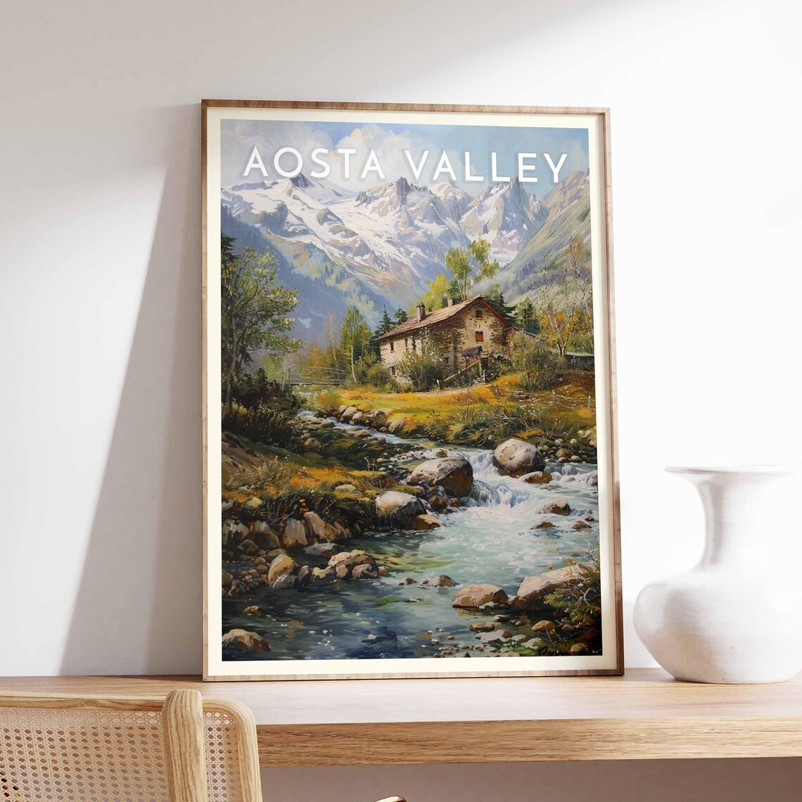 Aosta Valley Italy Realist Stream Stone Cabin Snow Peaks Poster