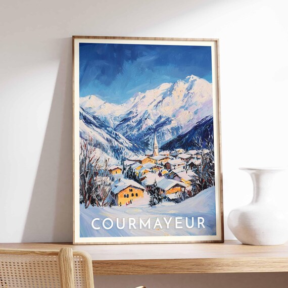 Courmayeur Italy Golden Village Poster in Deep Blue Alpine Style