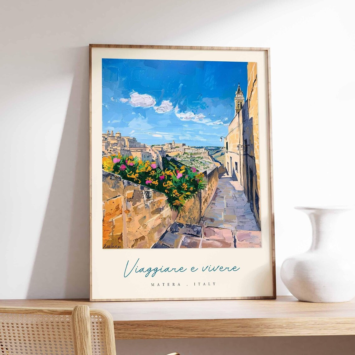 Matera Italy Stone Walkway Flower Wall Vista Watercolor Poster