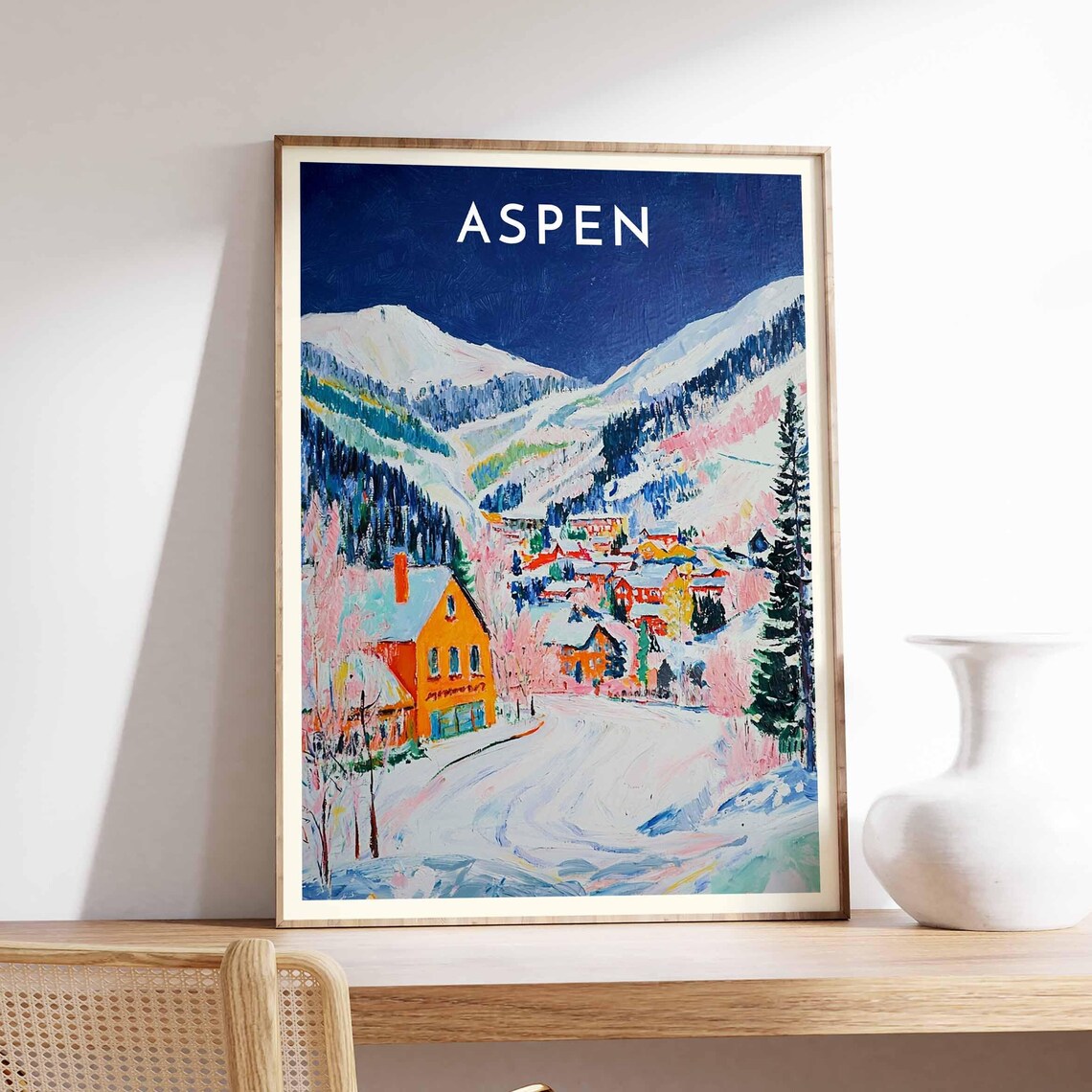 Aspen Colorado Starry Winter Night Orange Chalet Road Poster