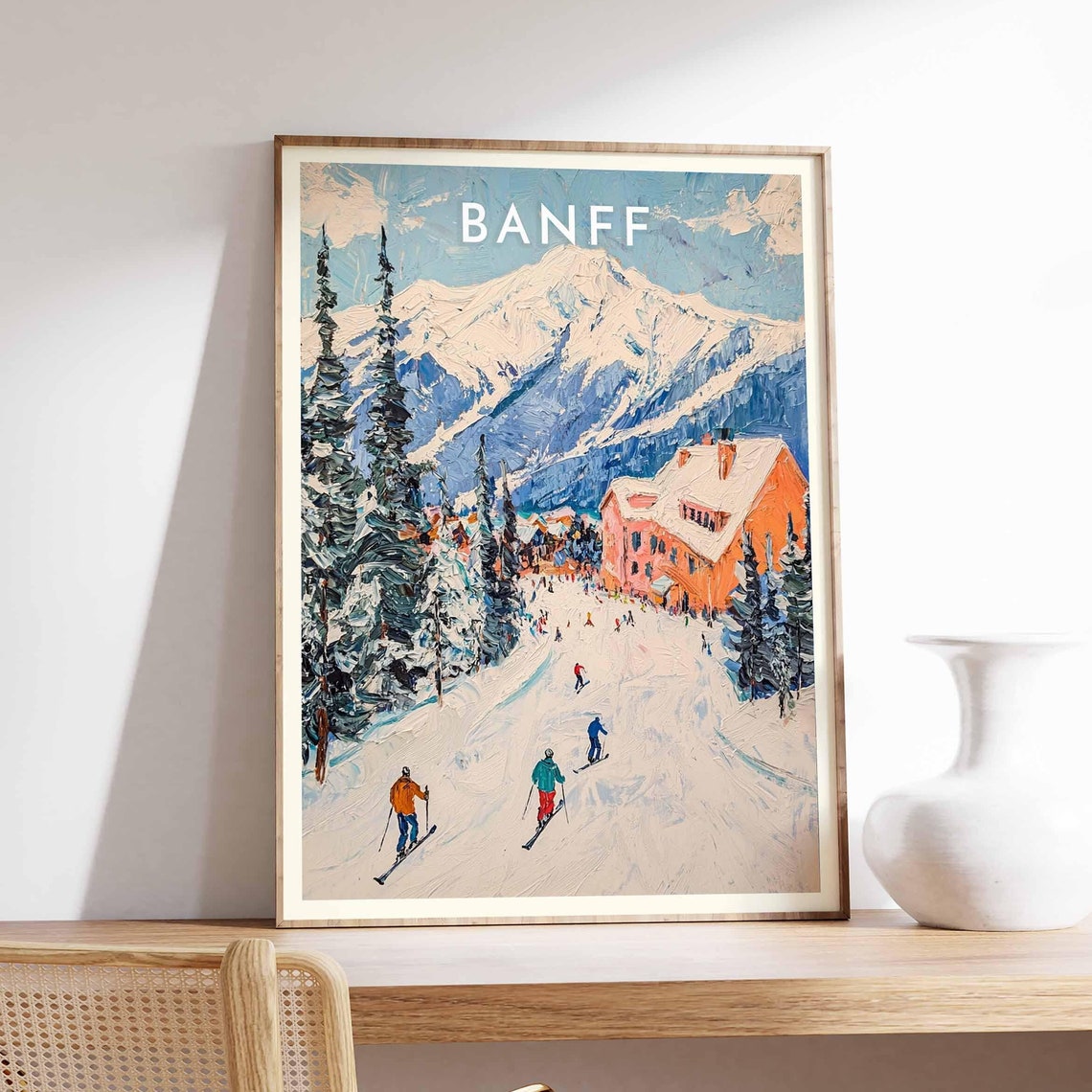 Banff Skiers Descending Slope Orange Lodge Winter Art Poster