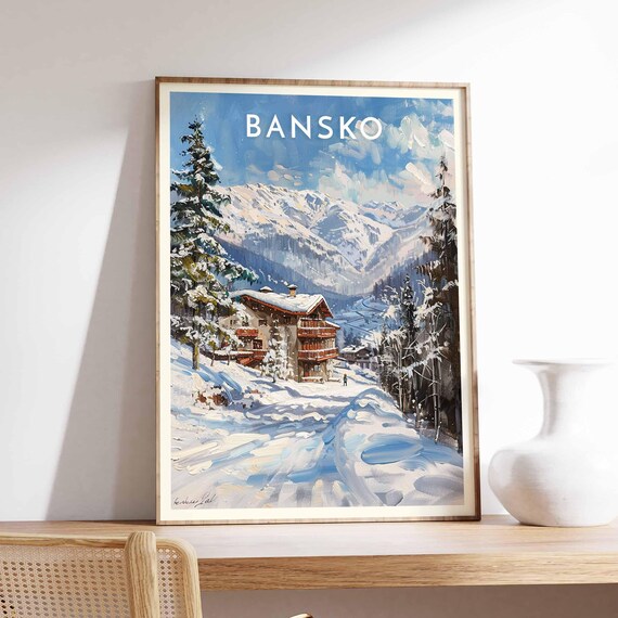 Bansko Alpine Lodge Red Balconies Winter Snowy Pines Ski Poster