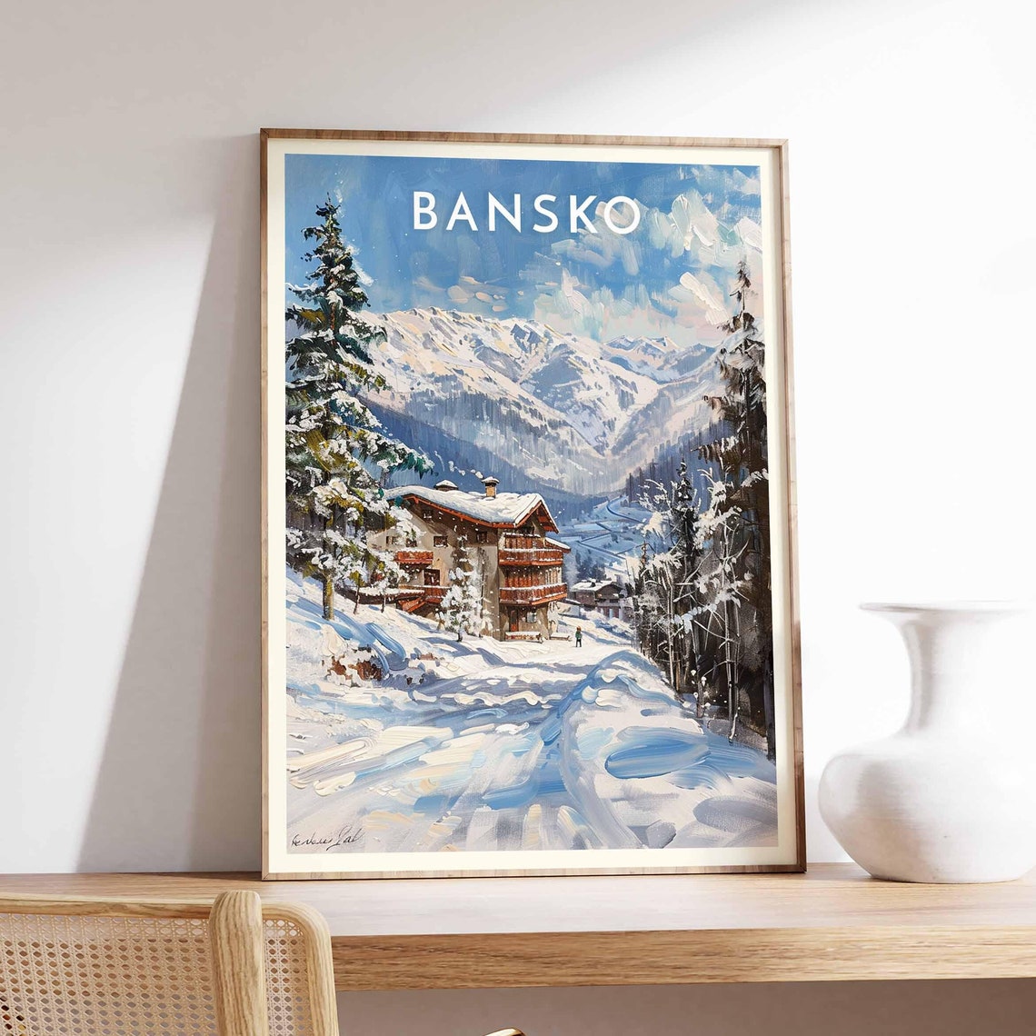 Bansko Alpine Lodge Red Balconies Winter Snowy Pines Ski Poster